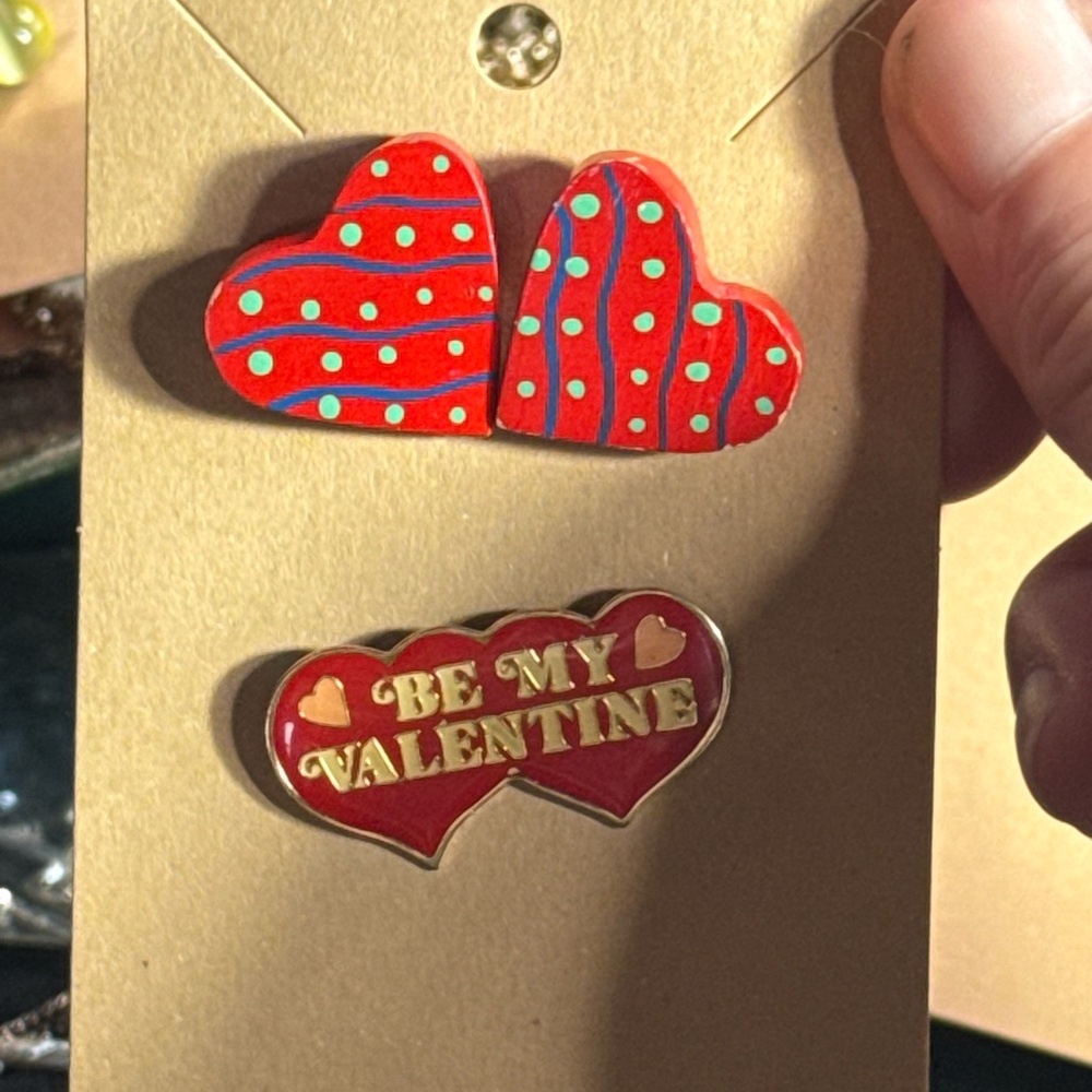Red Heart Earrings and Be my Valentine Pin